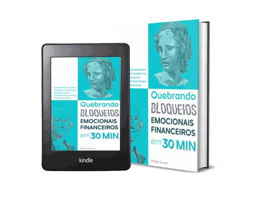 Ebook Quebrando Bloqueios Emocionais Financeiros em 30 Minutos — Phillip Souza, capa e mockup em Kindle